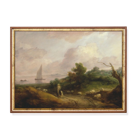 Printed And Shipped Shepherd And His Flock Coastal Landscape Painting Country Scenery Moody Rustic Art Vintage Wall Art