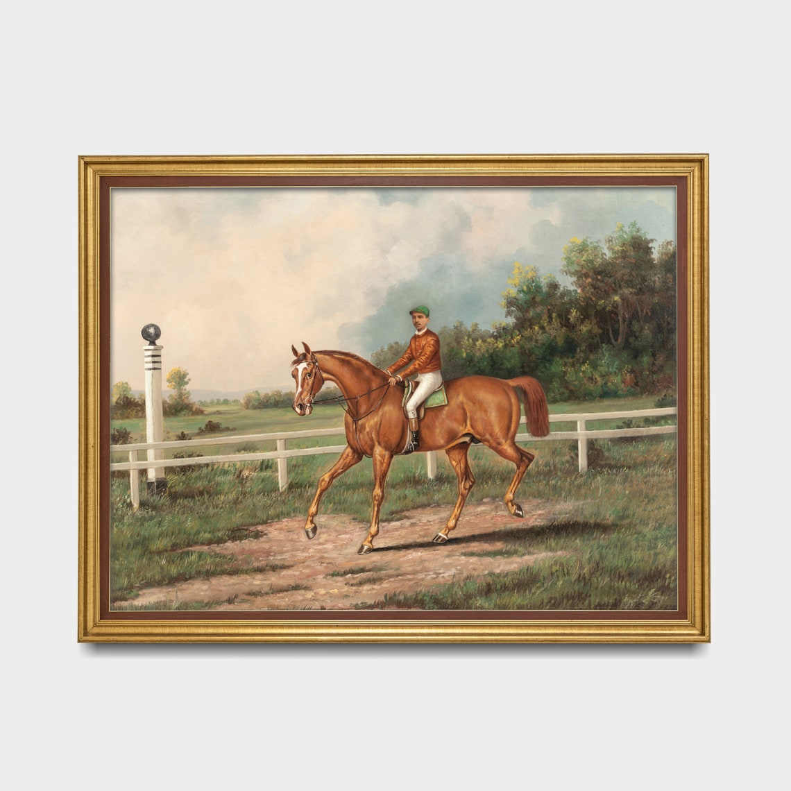 Jockey Riding a Chestnut Racehorse on a Country Track Poster - Image 5