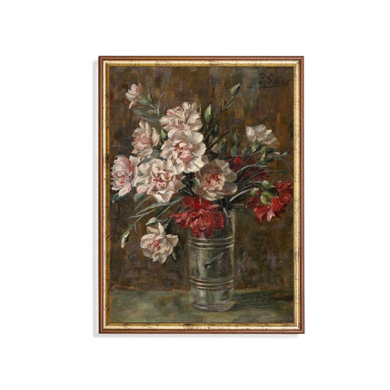 Vintage Still Life With Flowers Antique Floral Painting Rustic Moody Print Carnations In Vase Wall Art