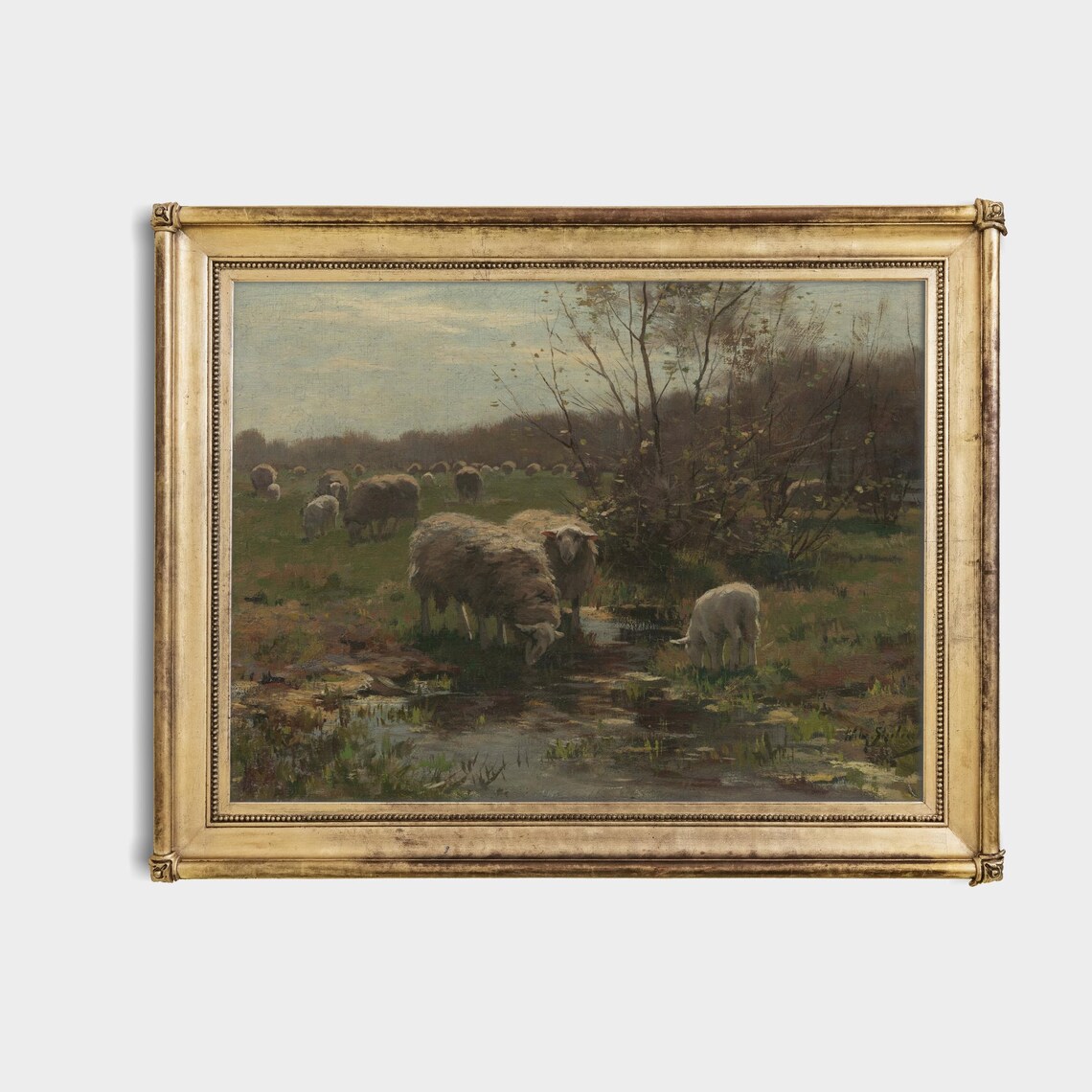 Sheep Grazing by a Stream in a Pastoral Meadow Painting Poster - Image 4