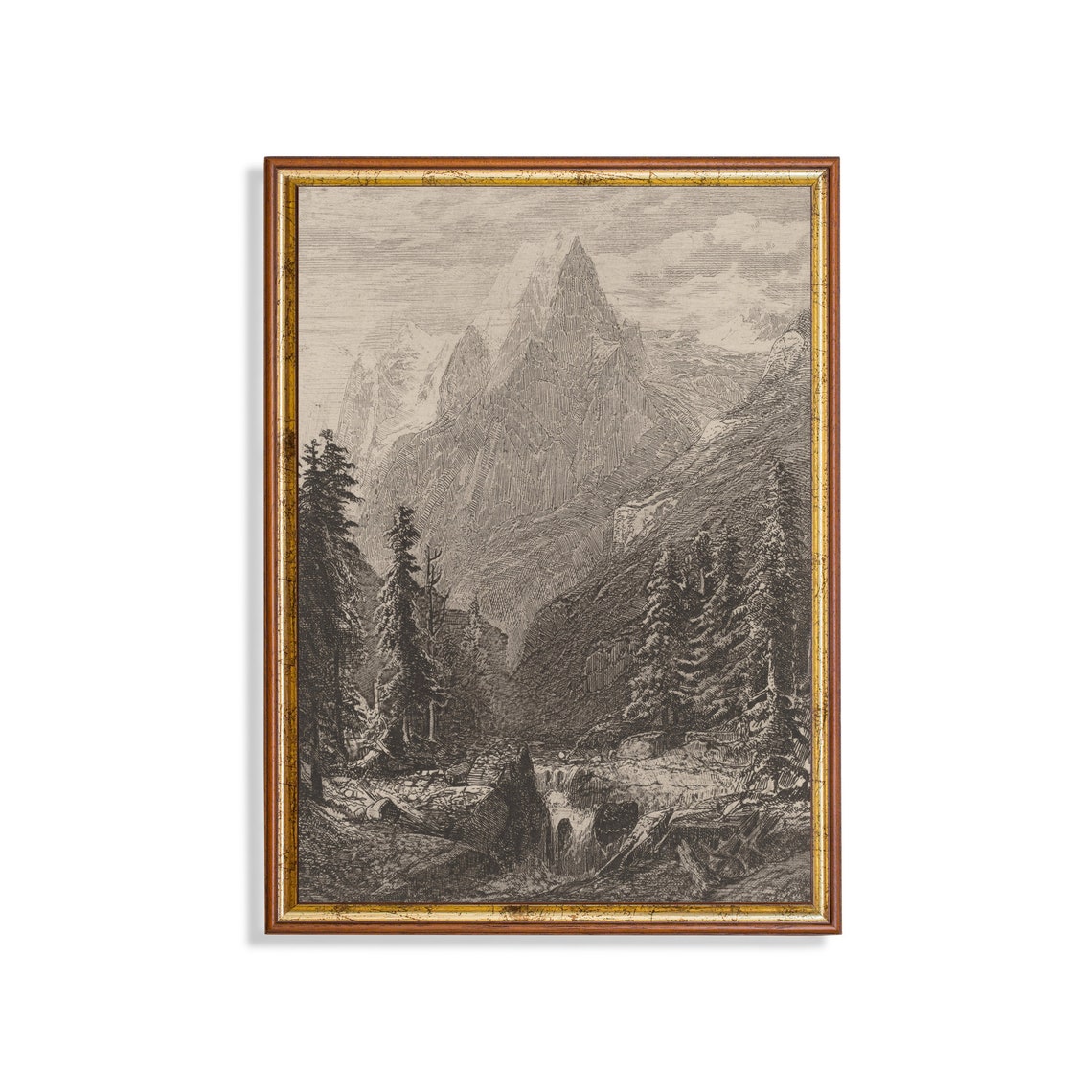 Printed And Shipped Vintage Sketch Drawing Antique Mountain Landscape Print Rustic Neutral Decor Forest Drawing Physical Prints