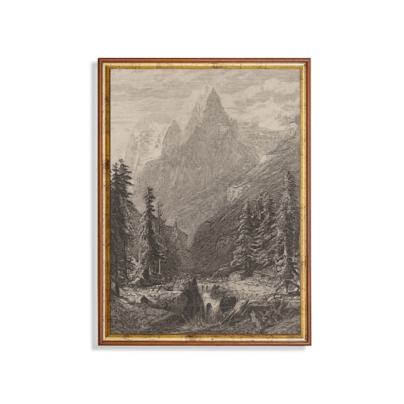 Printed And Shipped Vintage Sketch Drawing Antique Mountain Landscape Print Rustic Neutral Decor Forest Drawing Physical Prints