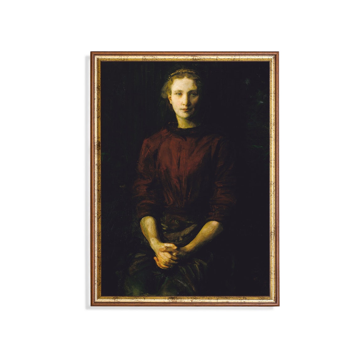 Woman Portrait Painting Vintage Oil Dark Moody Portrait Antique Dark Academia Classic Female Portrait