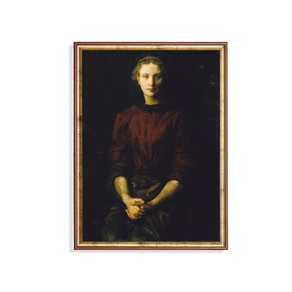 Moody Vintage Portrait of a Woman in a Crimson Dress Wall Art