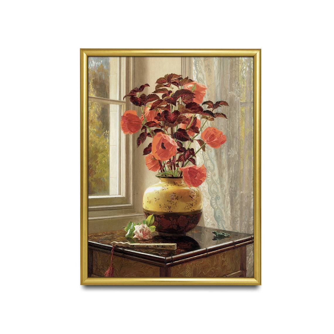 Red Poppies in a Yellow Vase by a Sunlit Window Vintage Poster - Image 2