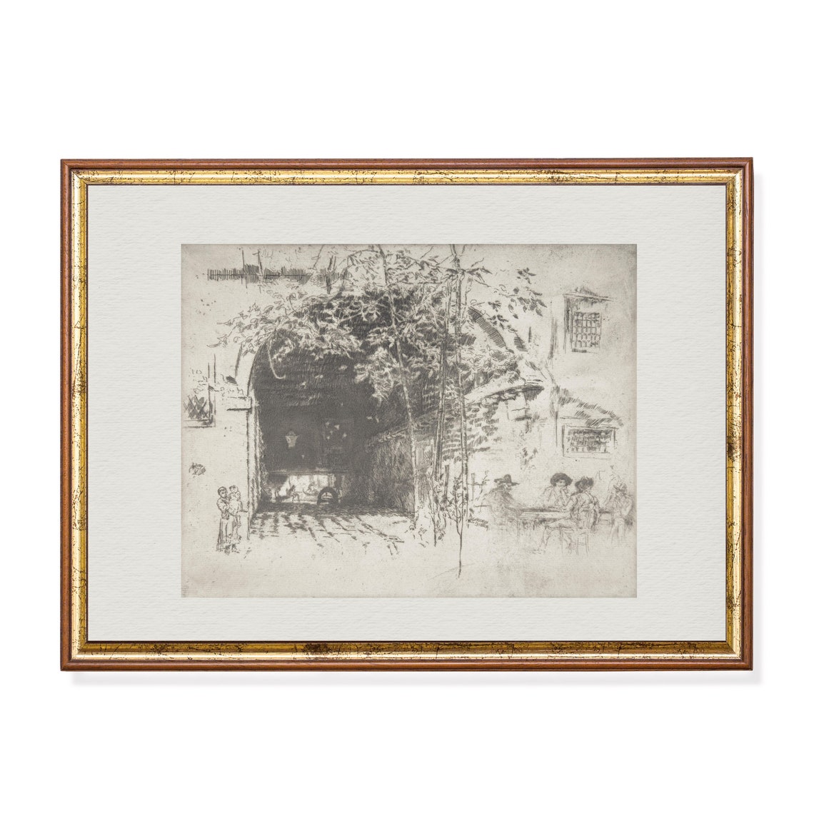 Arched Courtyard with Diners at Tables Vintage Etching Sketch Poster
