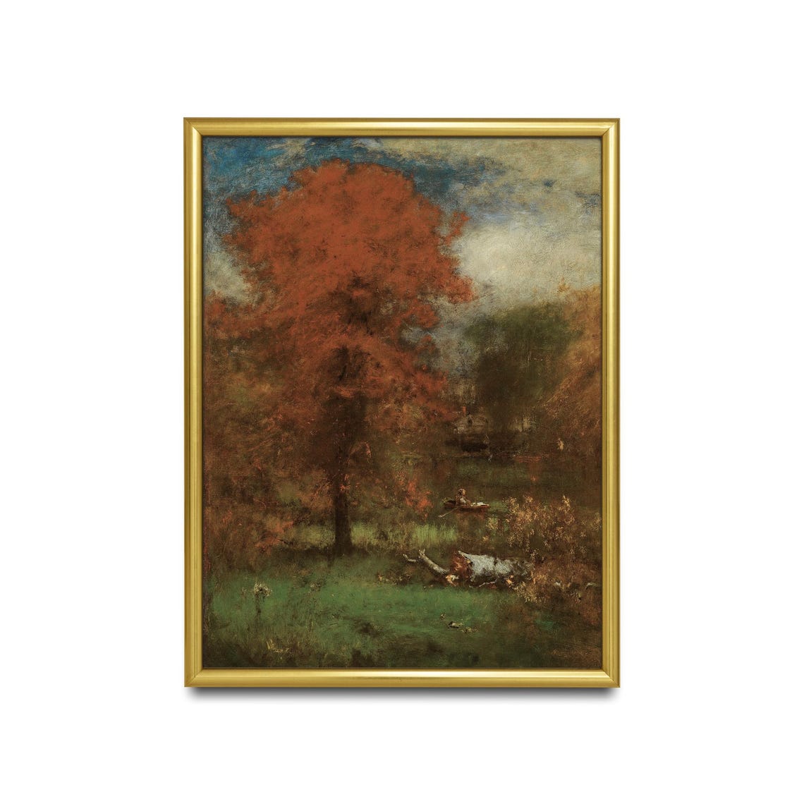 Fiery Red Tree by a Quiet Stream Tonalist Autumn Painting Poster - Image 2
