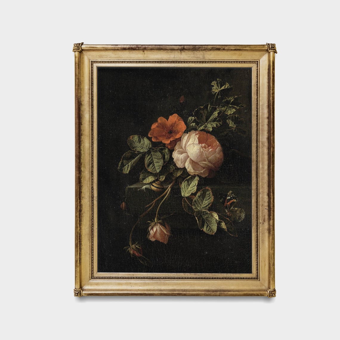 Moody Pale Rose Still Life With Butterfly Dark Floral Poster - Image 3