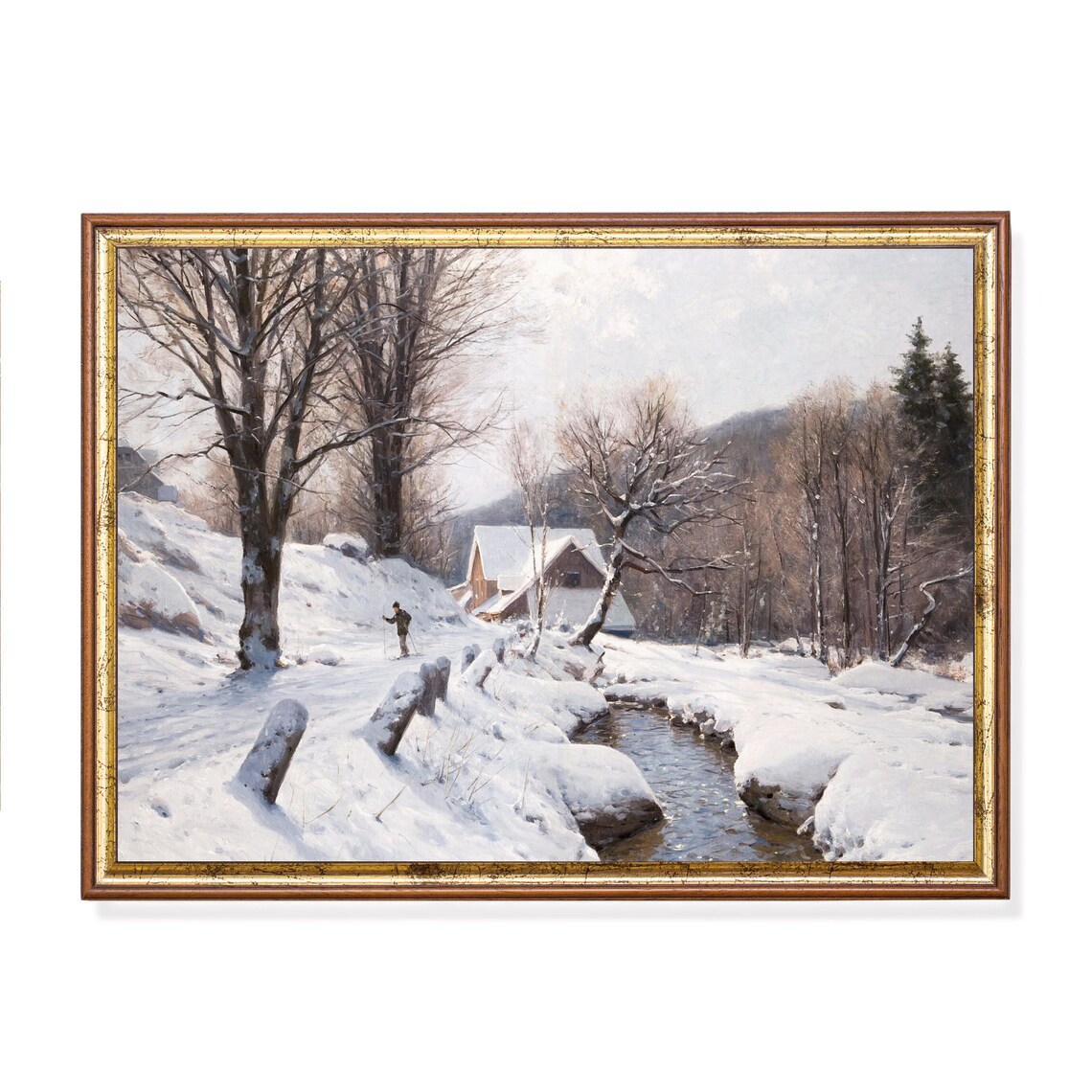 Vintage Winter Landscape, Rustic Cabin Art Print