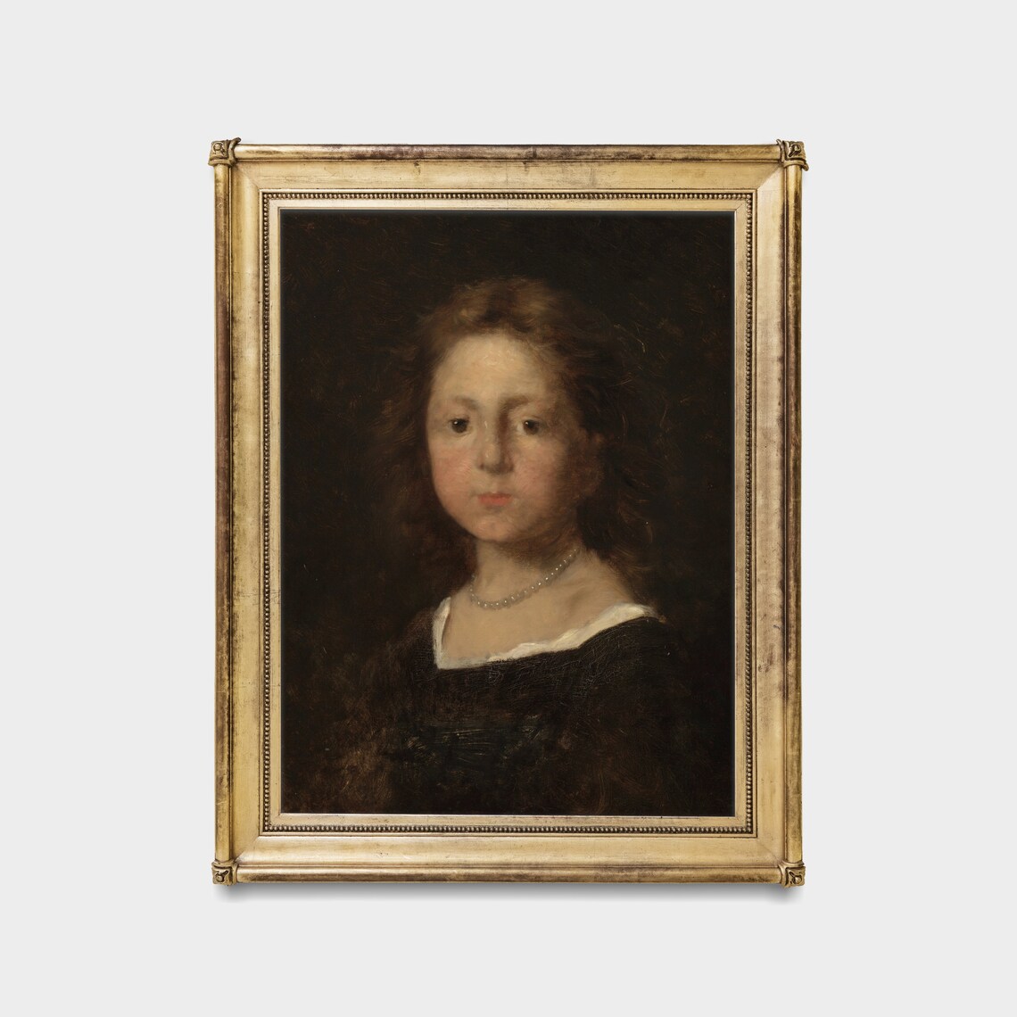 Young Girl Pearl Necklace Dark Vintage Portrait Painting Poster - Image 4