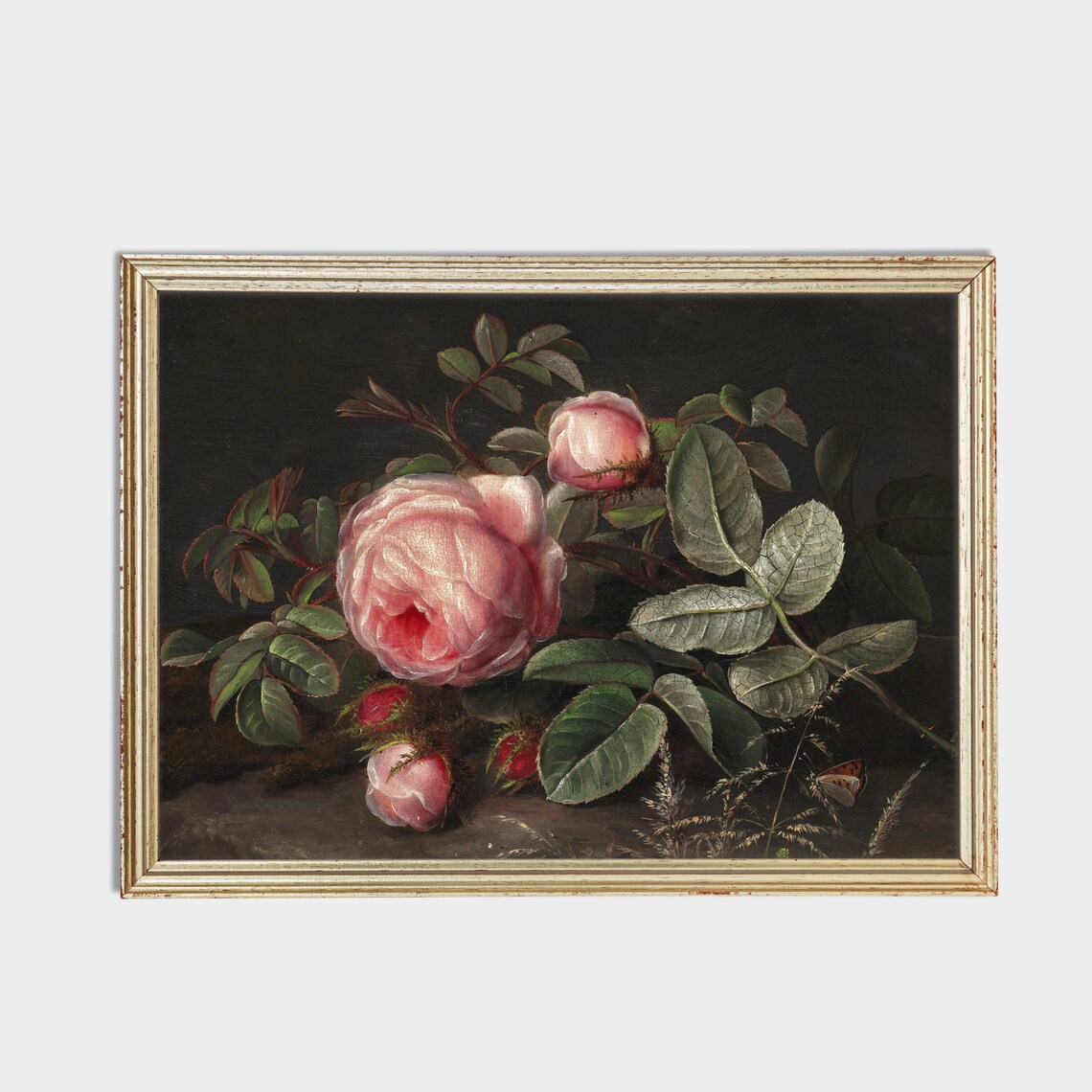 Pink Roses with Buds Dark Background Still Life Oil Painting Poster - Image 2