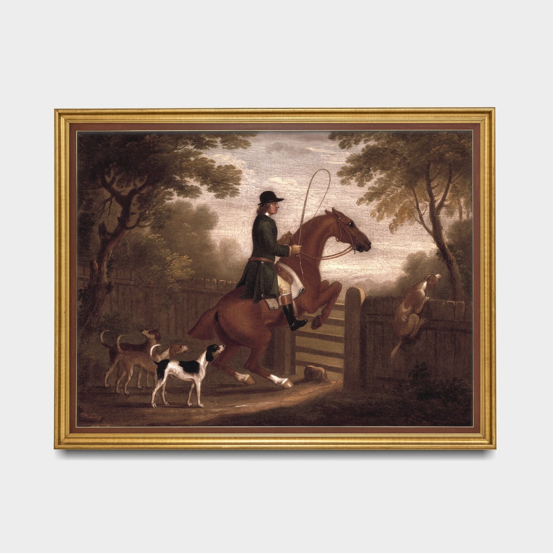 Vintage Huntsman on Horseback With Hounds Jumping a Fence Poster - Image 5