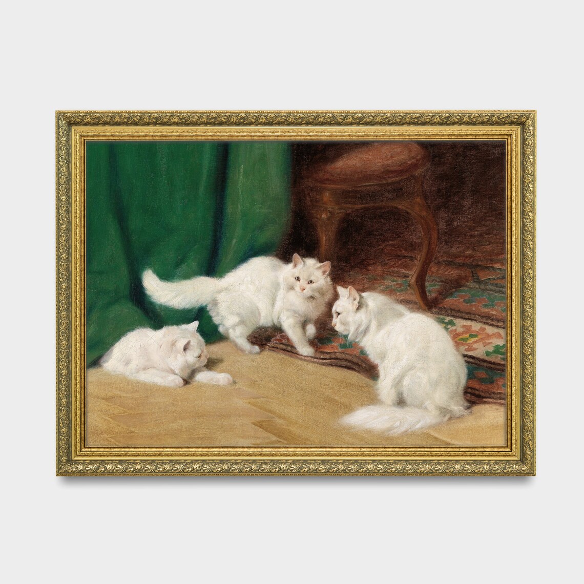 Three White Longhair Cats Playing Indoors Vintage Oil Poster - Image 3