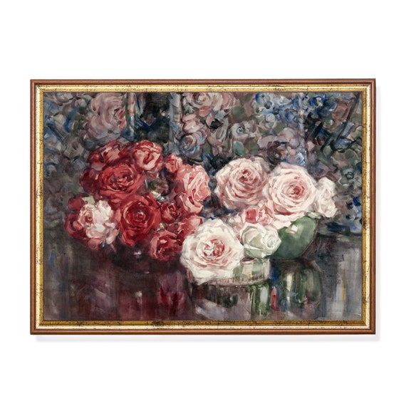Print And Ship Roses Still Life Painting Moody Rustic Floral Print Vintage Home Decor Flower Art Above Bed Art Mailed Print