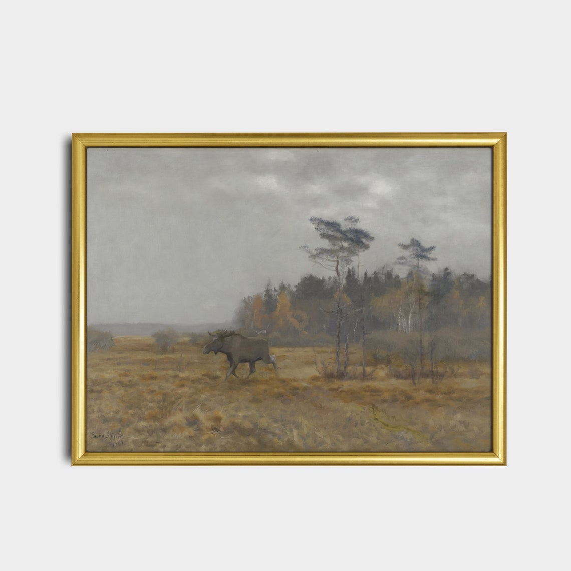 Moose Walking Through a Misty Autumn Marsh Vintage Landscape Poster - Image 2