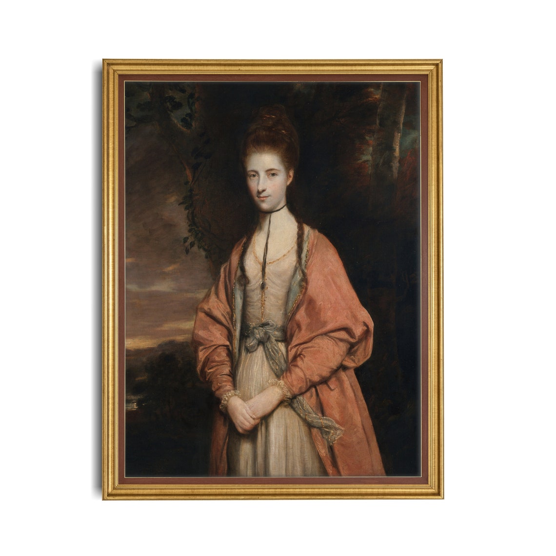 Young Woman in White Dress Coral Shawl at Dusk Classic Portrait Poster - Image 2