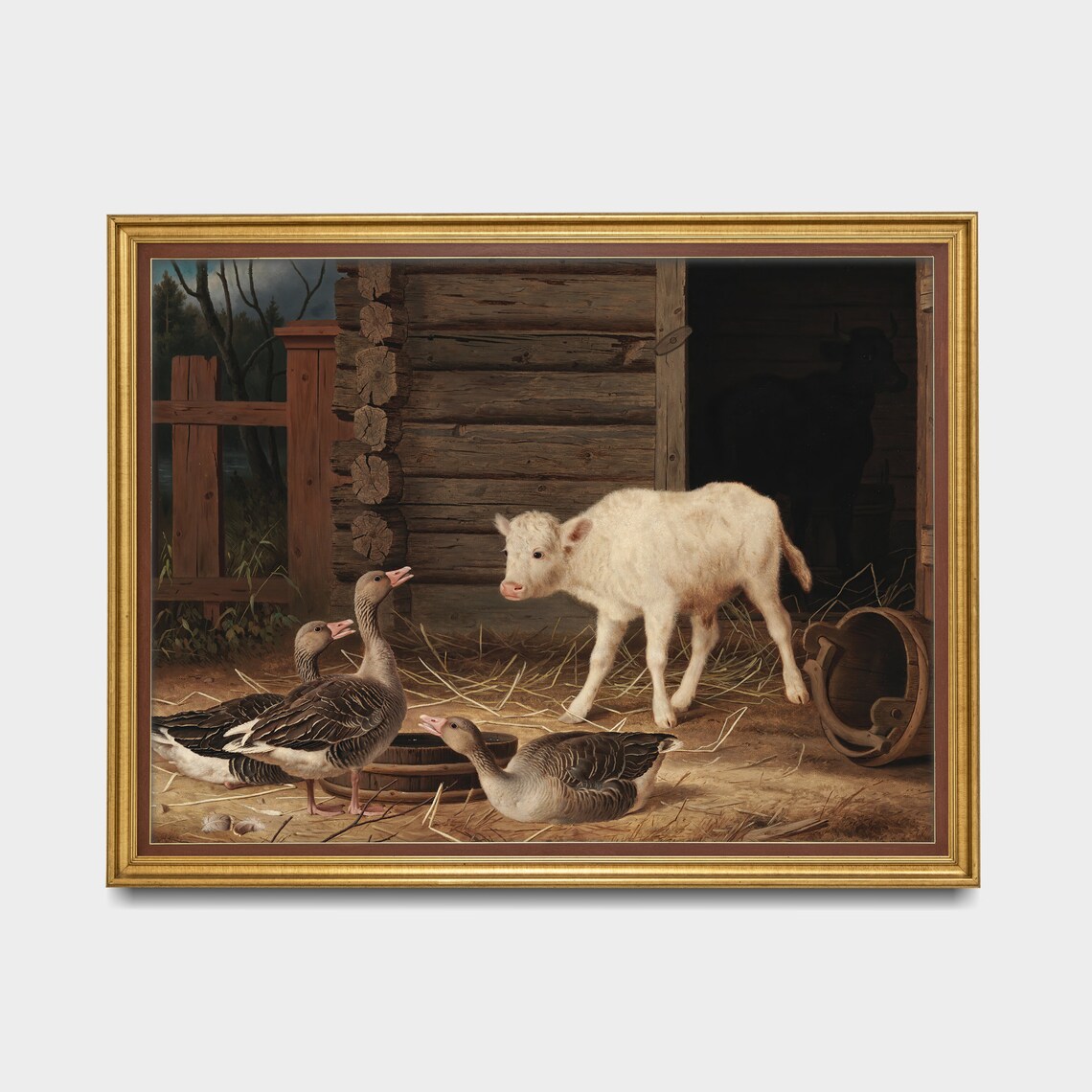 White Calf and Geese at a Wooden Barn Vintage Farm Animal Poster - Image 3
