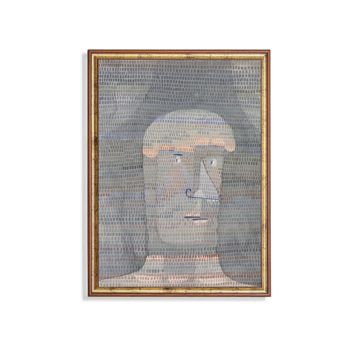 Mosaic Face in Muted Gray and Blue Tones Abstract Art Poster