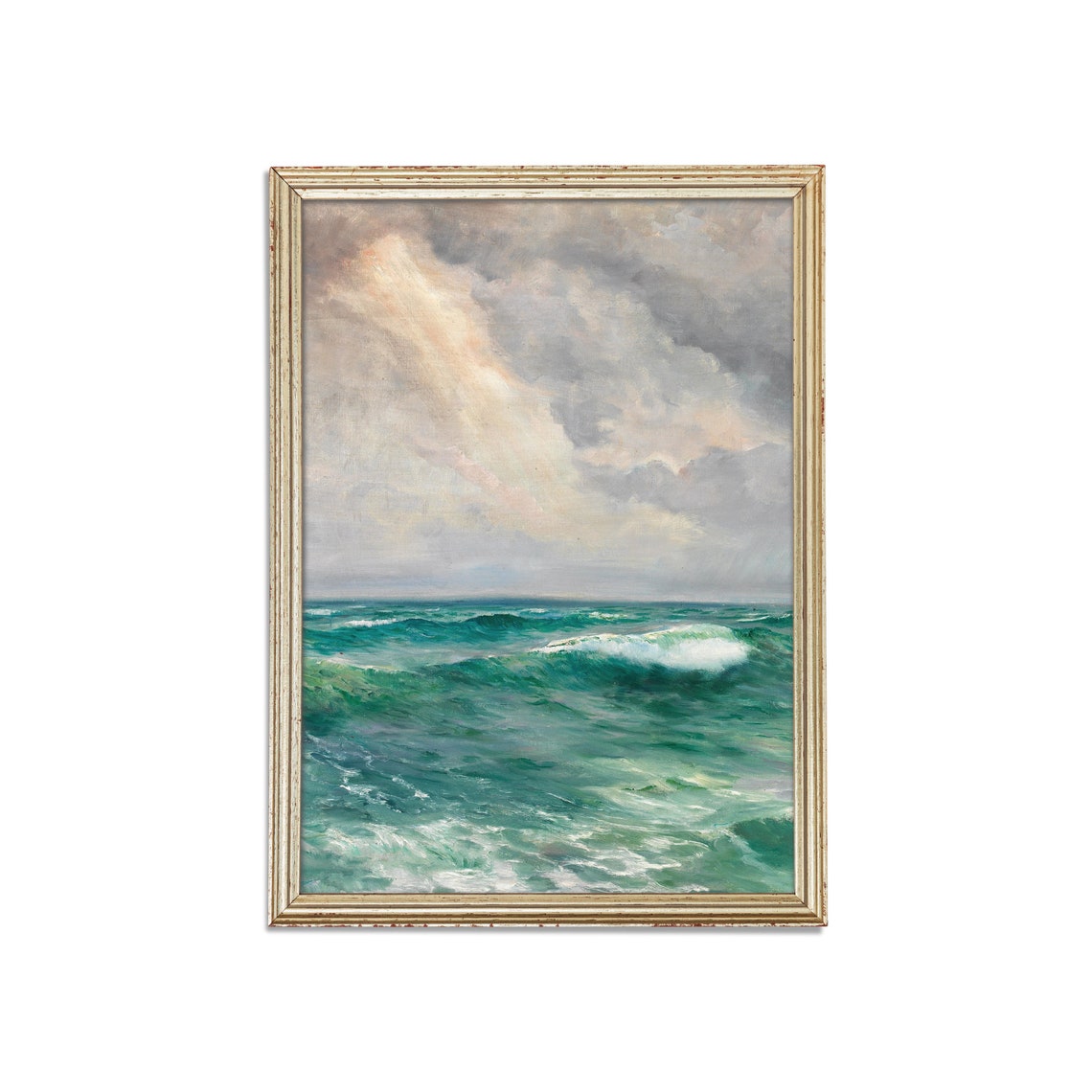 Emerald Ocean Waves Rolling Under a Soft Cloudy Sky Vintage Poster - Image 3