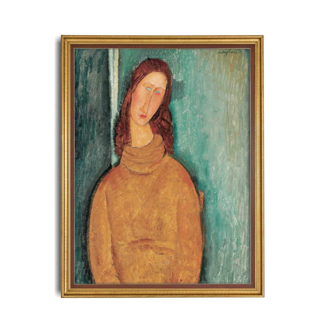 Woman in Ochre Turtleneck Against Teal Modigliani Style Portrait Poster - Image 4