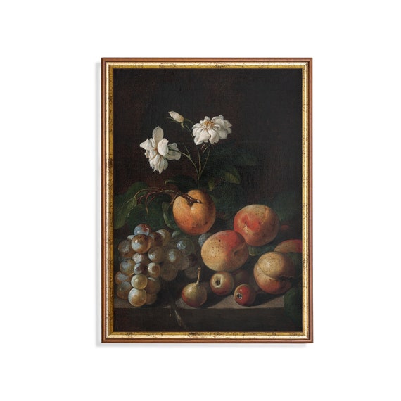 Printed And Shipped Vintage Still Life Painting Still Life With Fruit And White Roses Antique Art Print Moody Rustic Fine Art