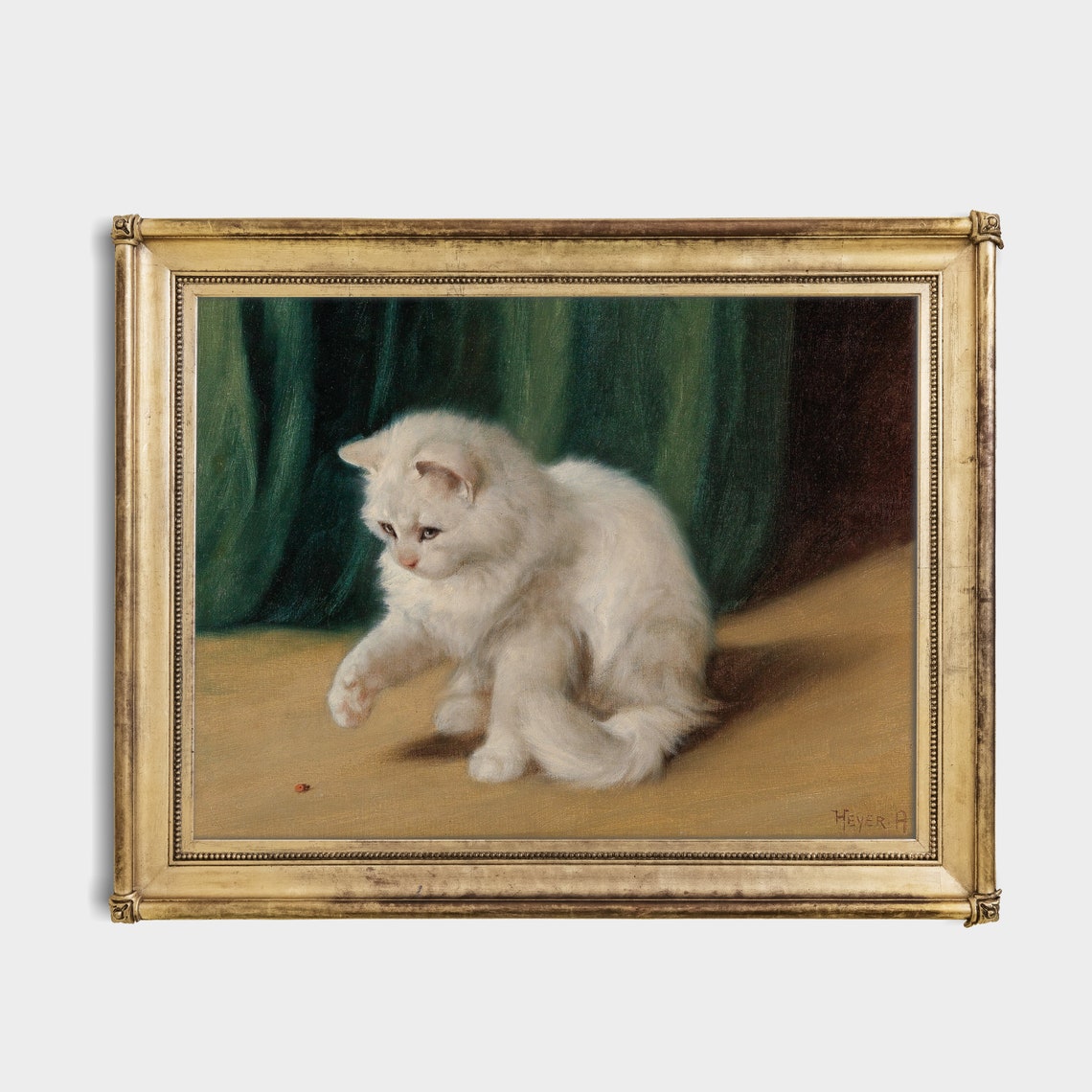 White Kitten Playing with a Ladybug Antique Cat Painting Poster - Image 2