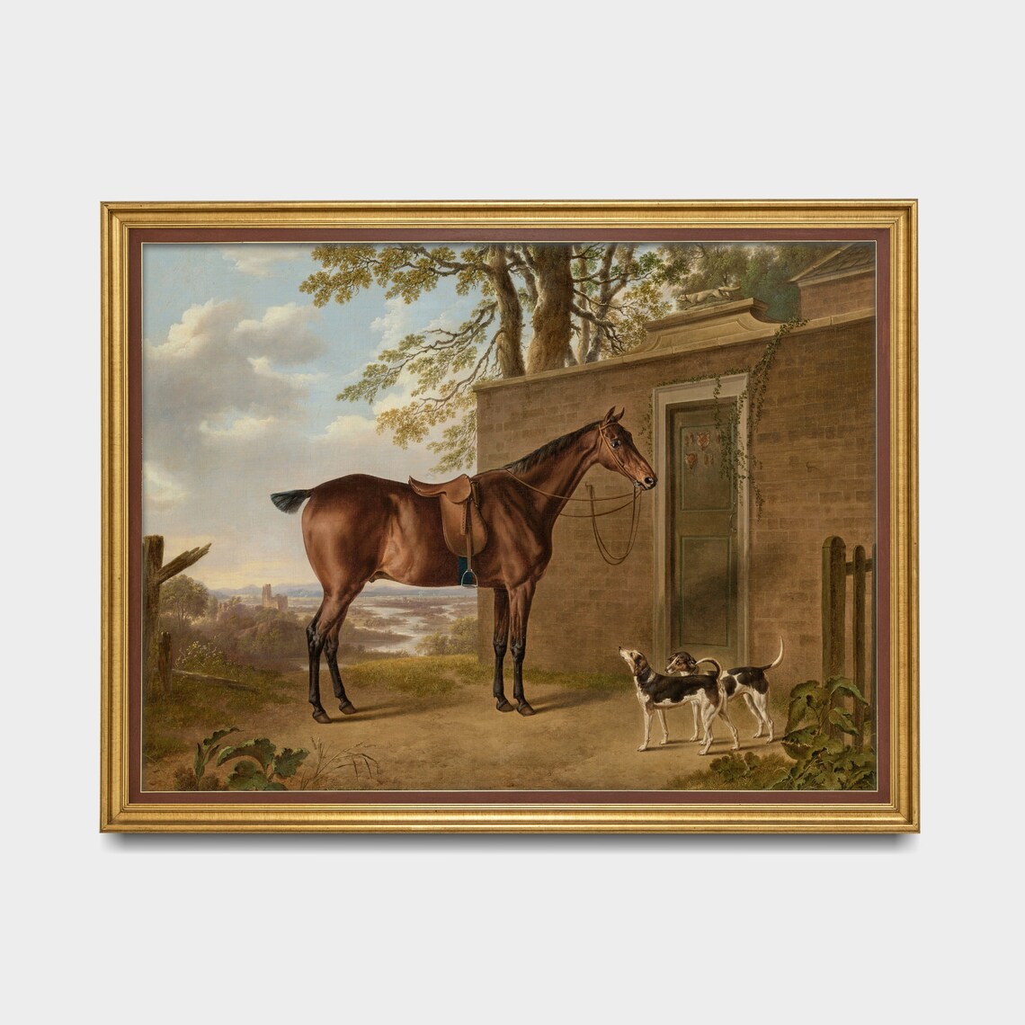 Antique Saddled Chestnut Horse by a Stable with Two Hounds Poster - Image 3