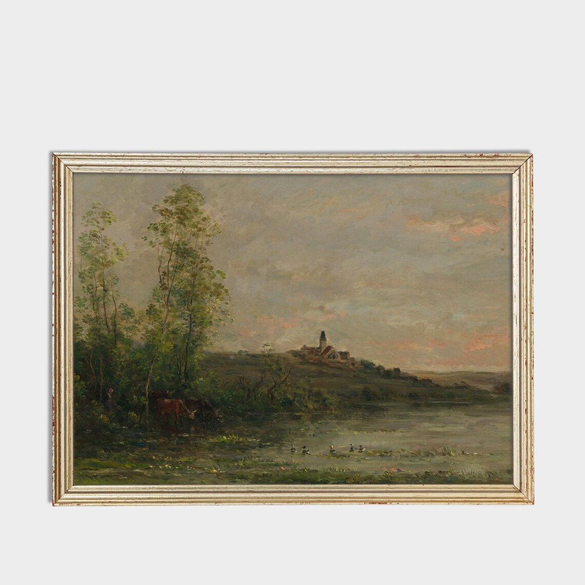 Cows Watering Lake Village Church Hill Barbizon Landscape Art Poster - Image 3