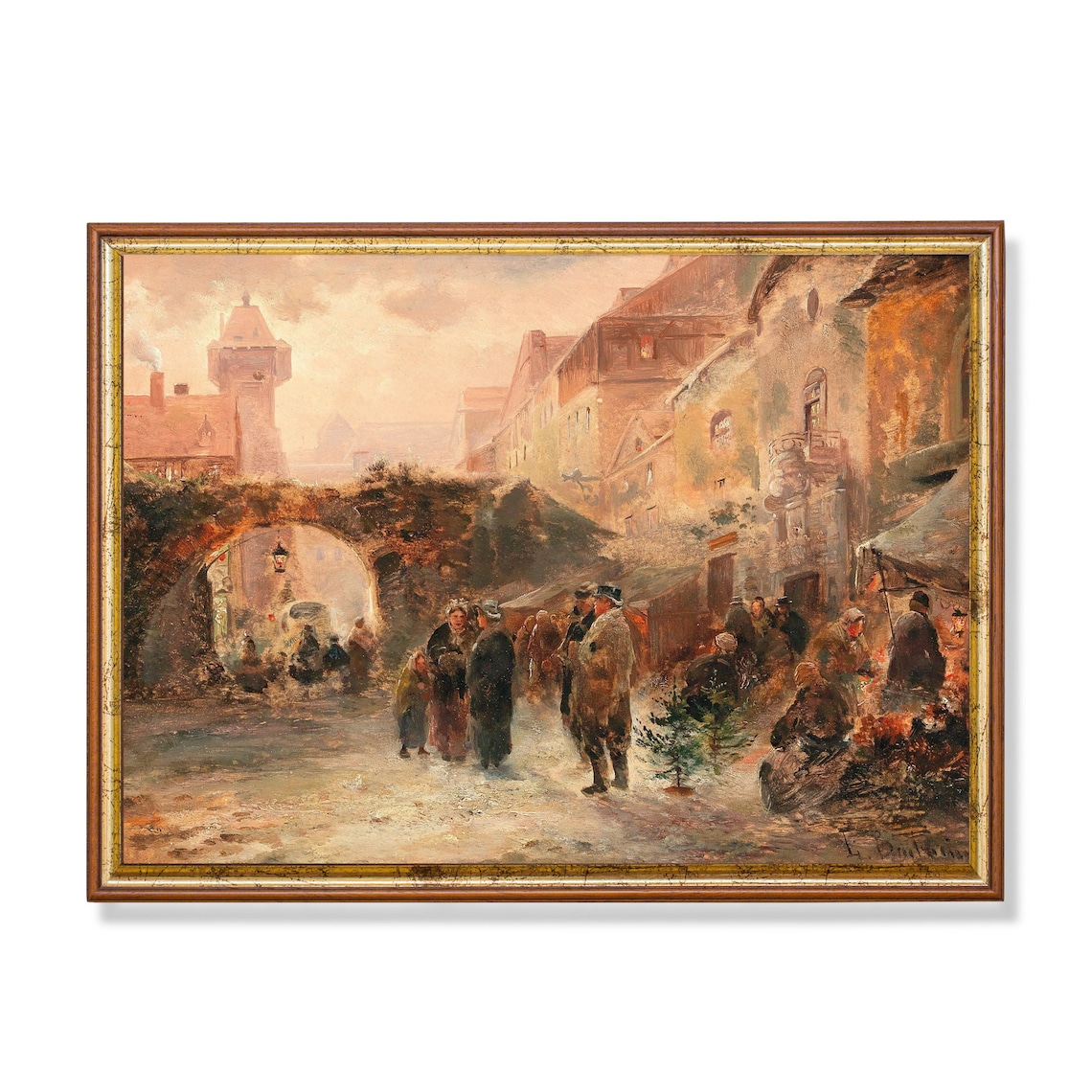 Old Town Market Street Under a Stone Arch Vintage City Art Poster
