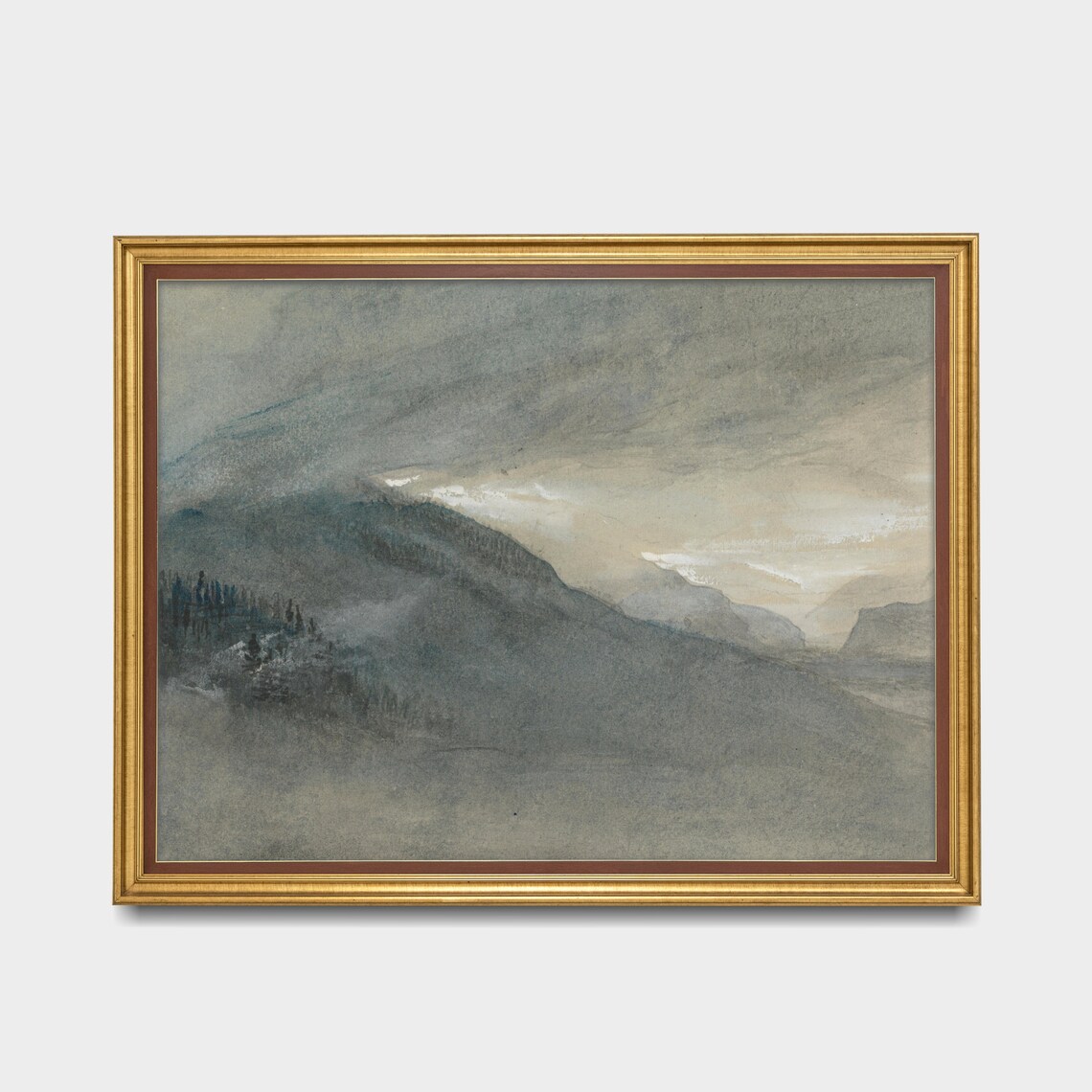 Foggy Grey Mountain Peaks Antique Watercolor Landscape Poster - Image 2