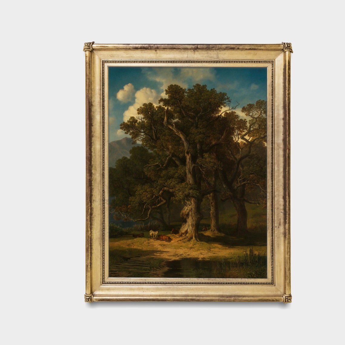 Ancient Oak Trees By Water With Cattle Vintage Landscape Poster - Image 3