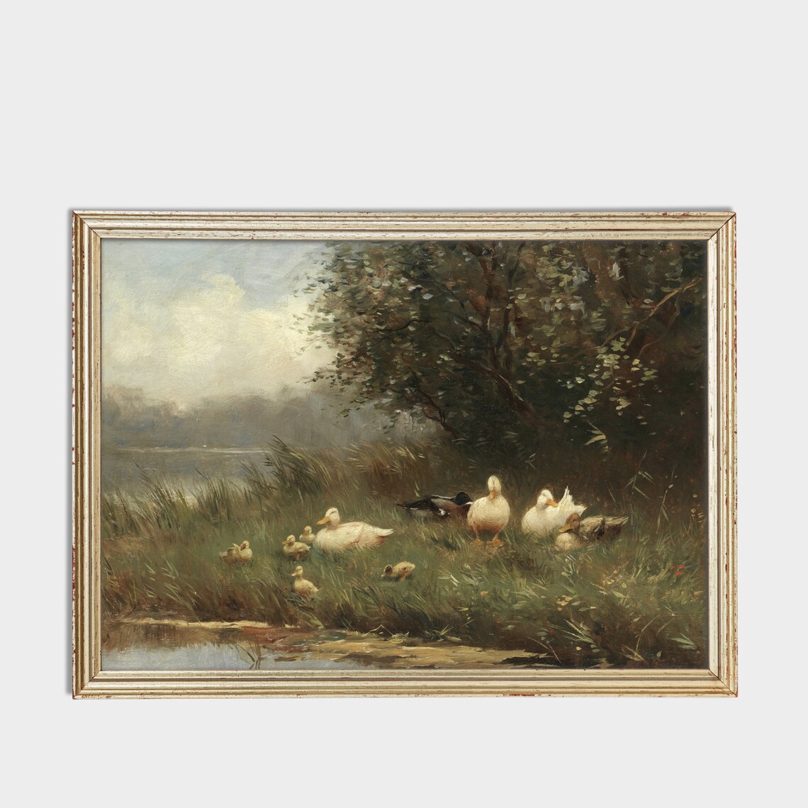 Vintage Duck and Ducklings Painting, Rustic Bird Print - Image 3