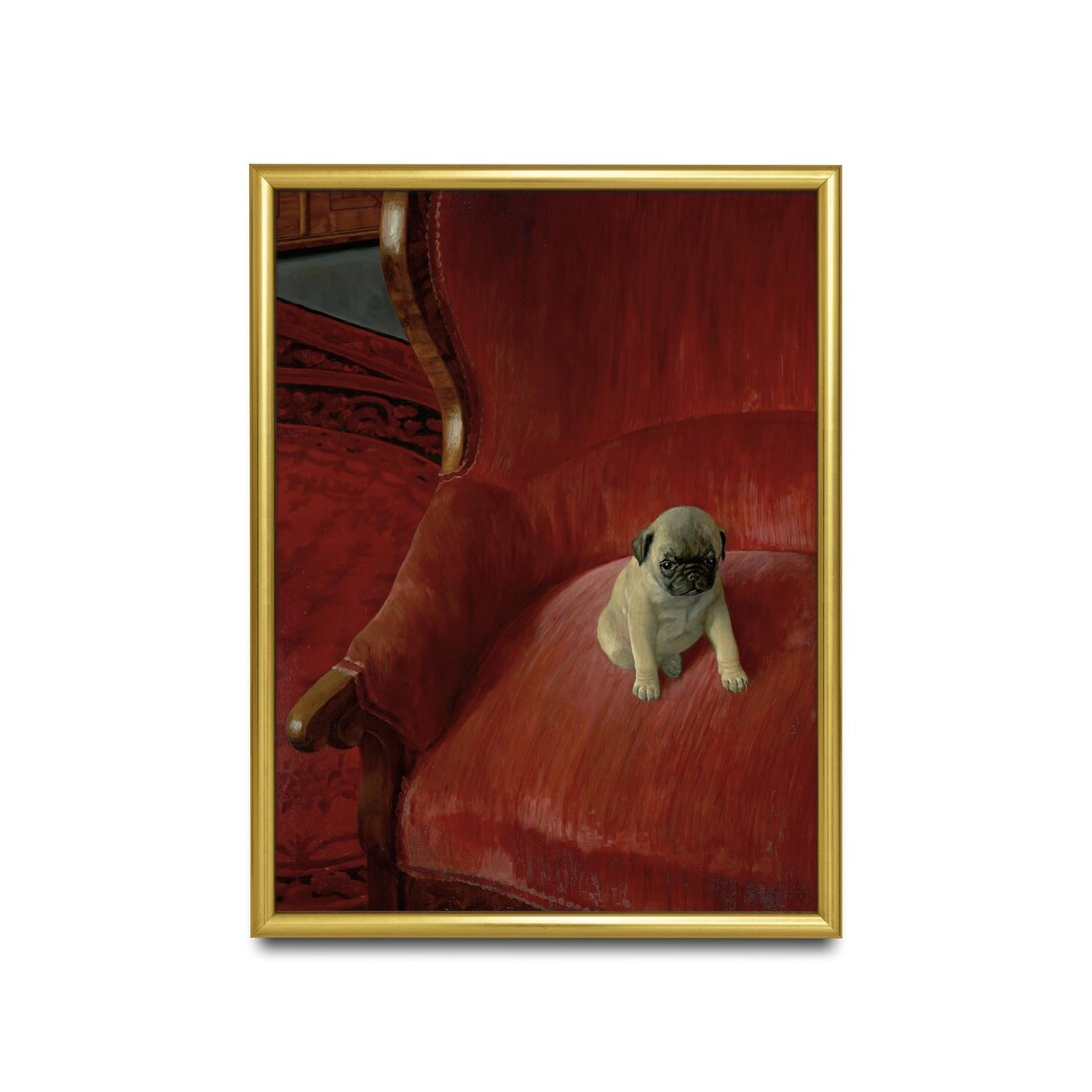Vintage Pug Puppy Portrait Sitting Red Velvet Armchair Dog Art Poster - Image 2