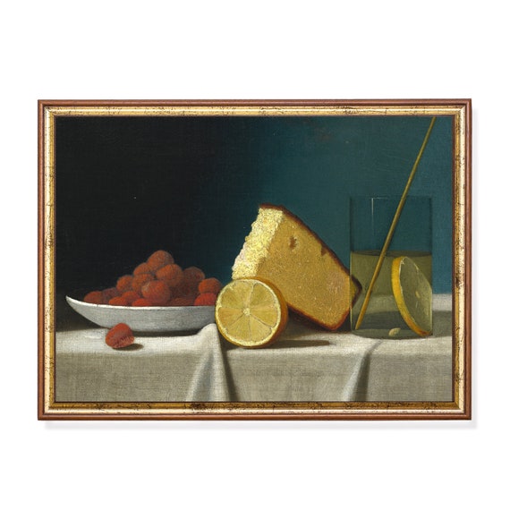 Printed And Shipped Vintage Still Life With Strawberries Lemon Cake And Glass Antique Fruits Painting Moody Rustic Art Kitchen Decor