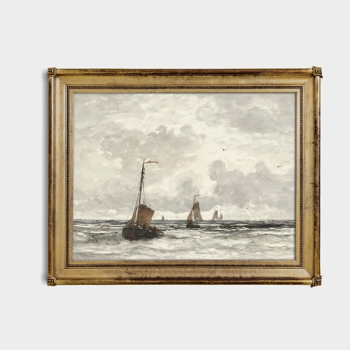 Fishing Boats on a Stormy Gray Sea Vintage Nautical Painting Poster - Image 3