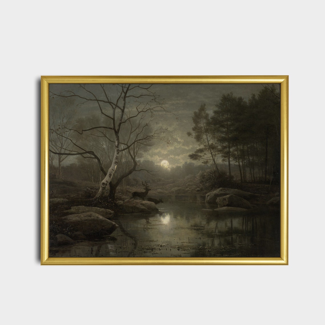 Moonlit Forest with Deer at Still Water Night Landscape Print - Image 2