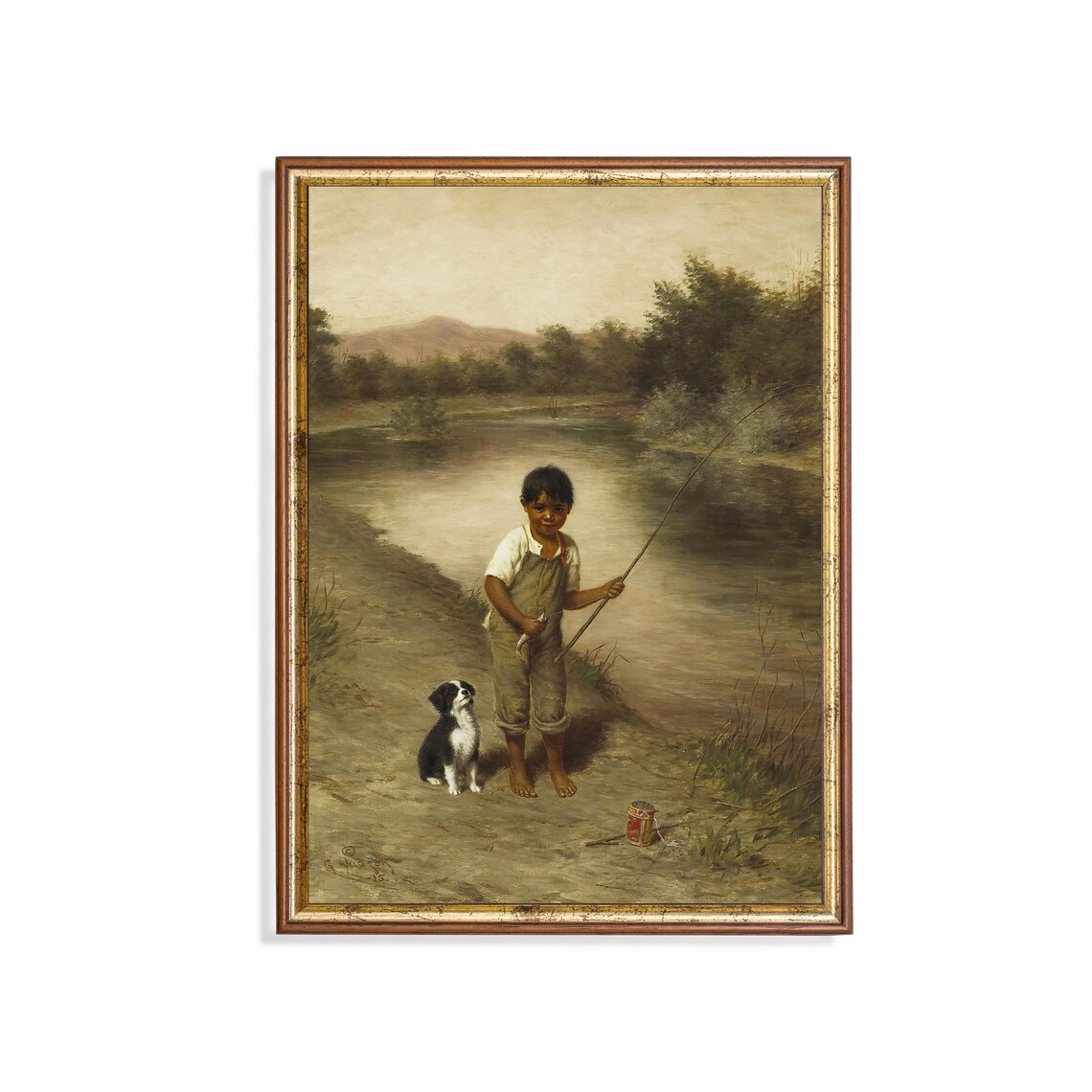 Young Boy Fishing Barefoot at the River With His Little Dog Poster