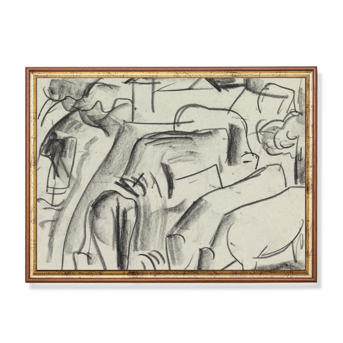 Charcoal Cubist Cows Abstract Animal Sketch Drawing Art Poster