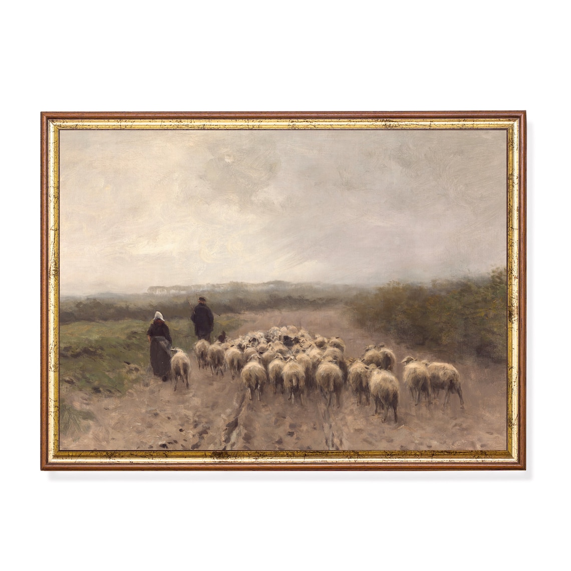 Shepherds Driving Flock of Sheep Down Country Road Painting Poster
