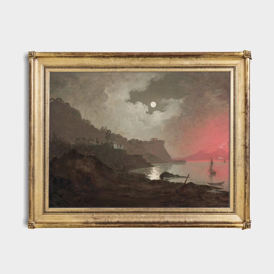 Moonlit Volcano Bay Night Seascape Vintage Moody Oil Painting Poster - Image 2
