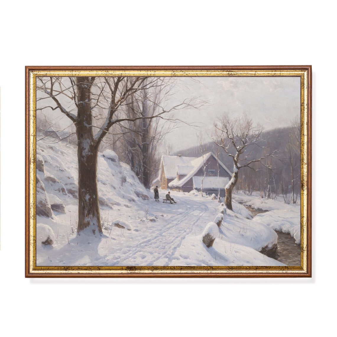Snowy Cottage Lane with Figures and a Sled Cozy Winter Poster