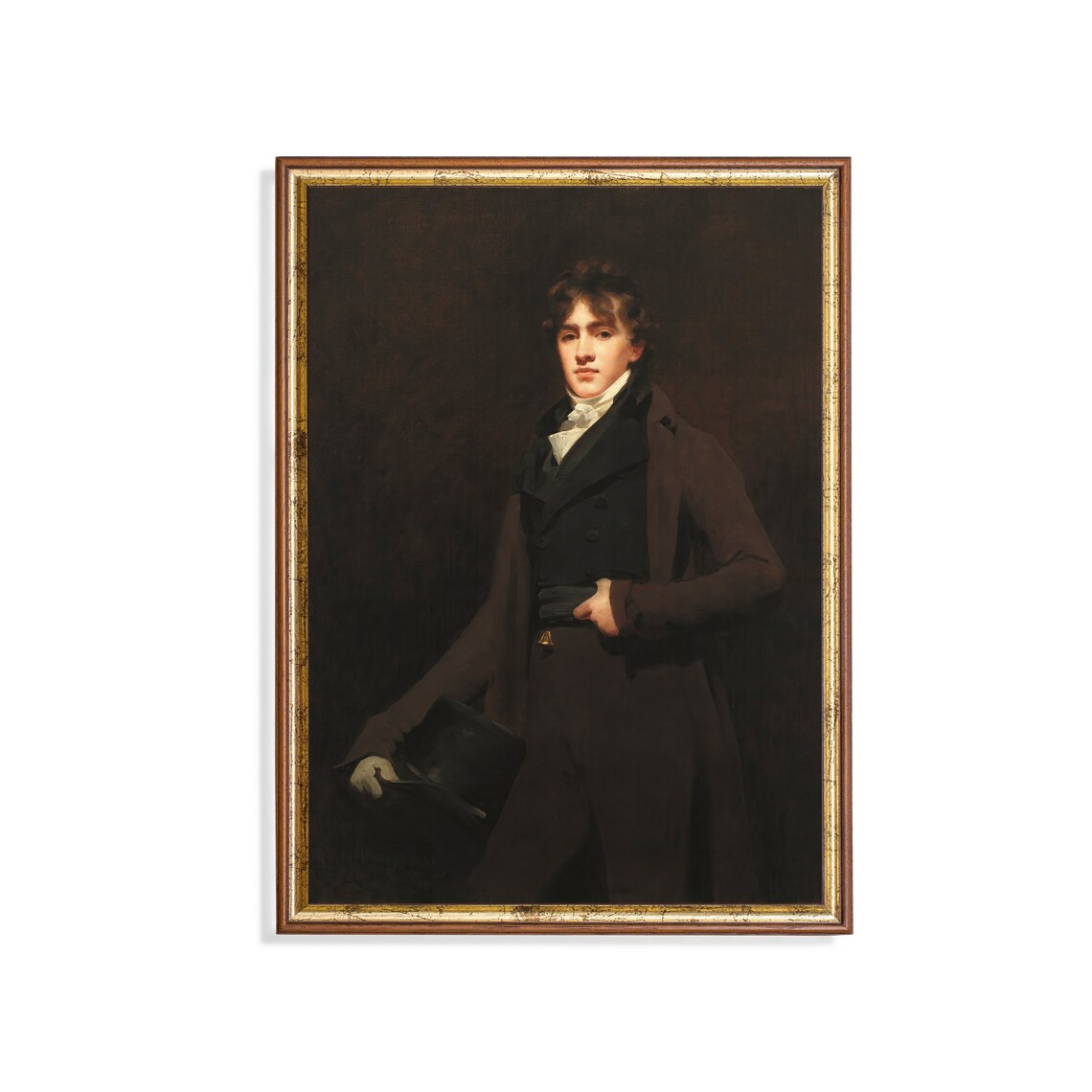 Elegant Regency Era Gentleman in Dark Coat Holding a Top Hat Poster