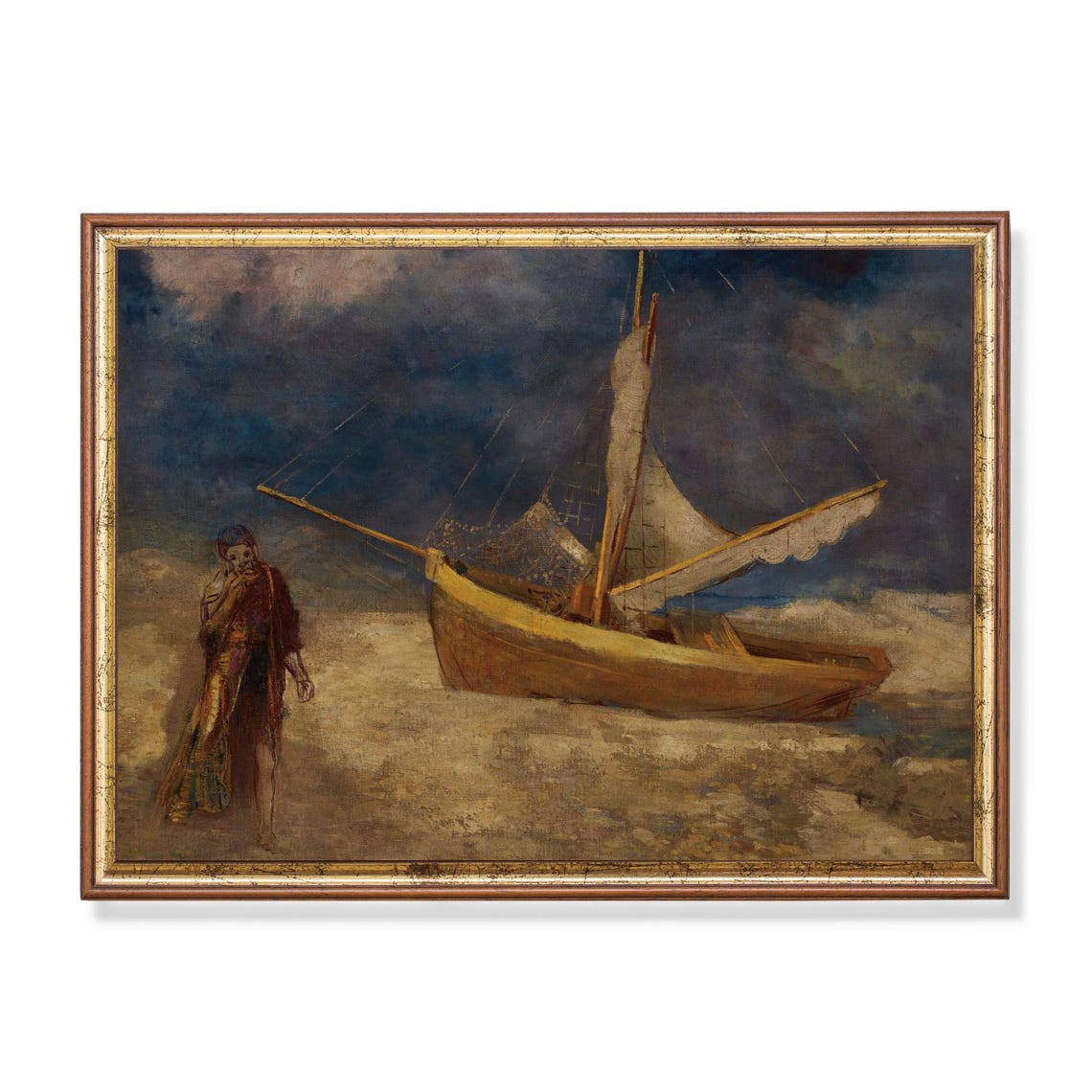 Fisherman Beside A Beached Sailboat At Dusk Vintage Art Poster