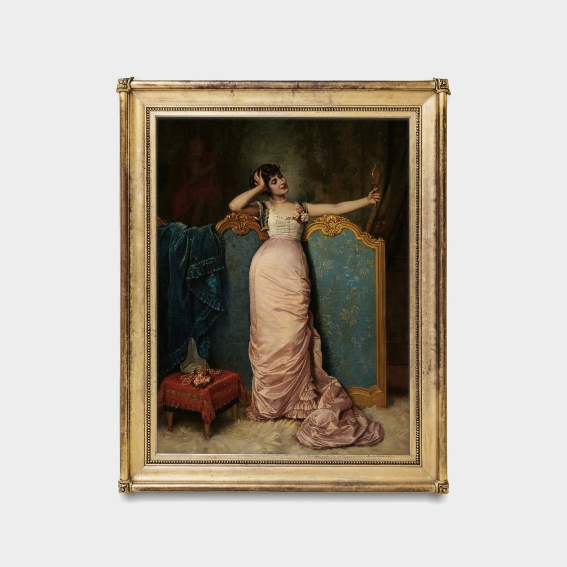 Elegant Woman Holding a Hand Mirror in a Pink Silk Gown Poster - Image 5
