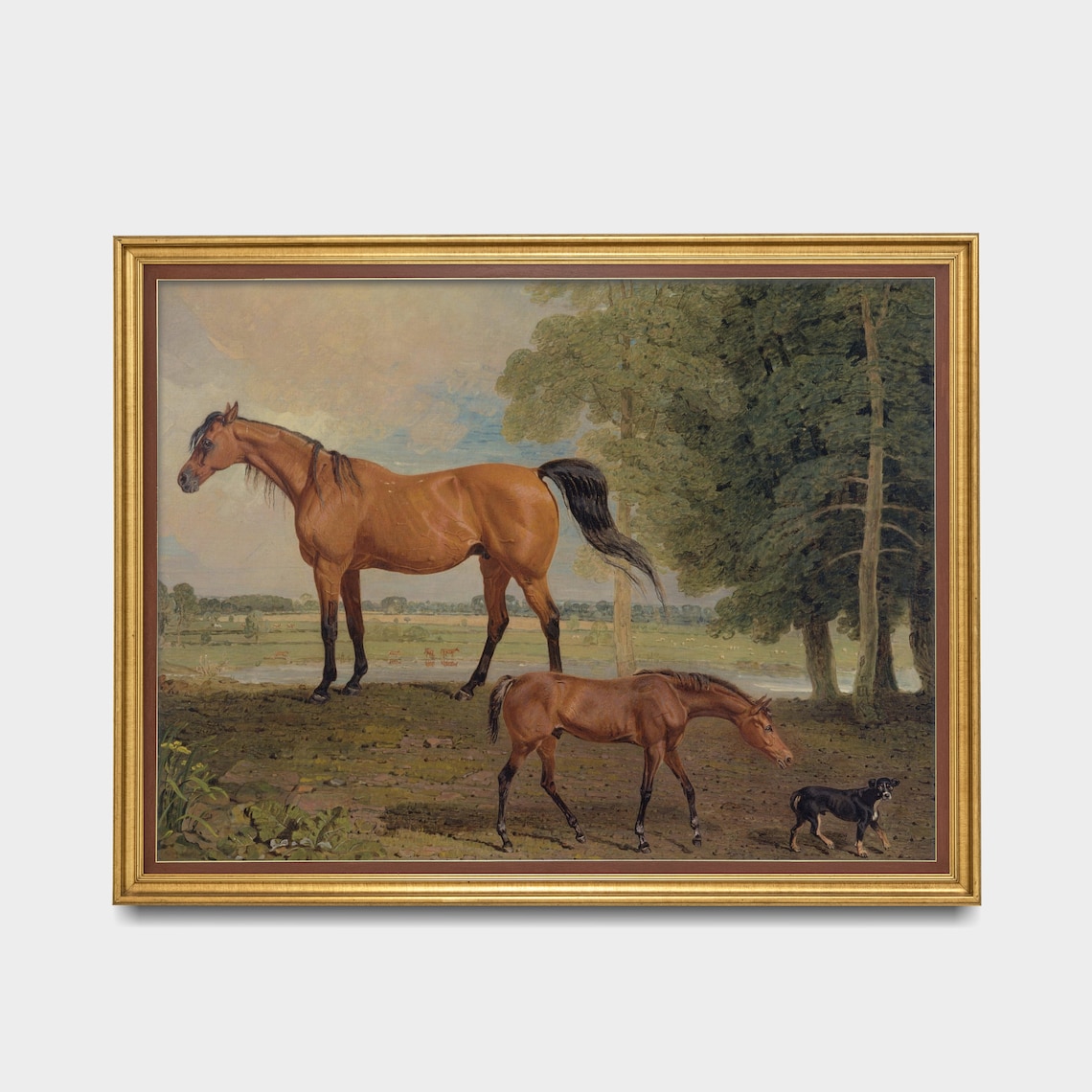 Chestnut Mare Foal and Dog in a Field Vintage Horse Painting Poster - Image 3