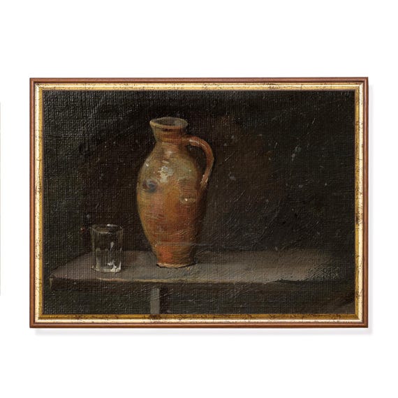 Rustic Still Life Print Vintage Jug And Glass Painting Dark Academia Wall Art Moody Kitchen Decor Classic European Artwork