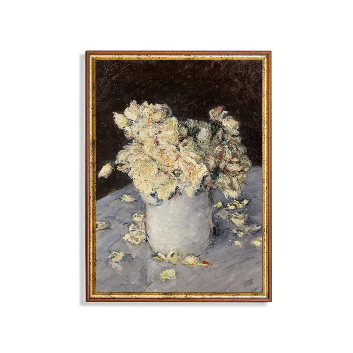 White Roses in a White Vase on a Table Antique Floral Poster