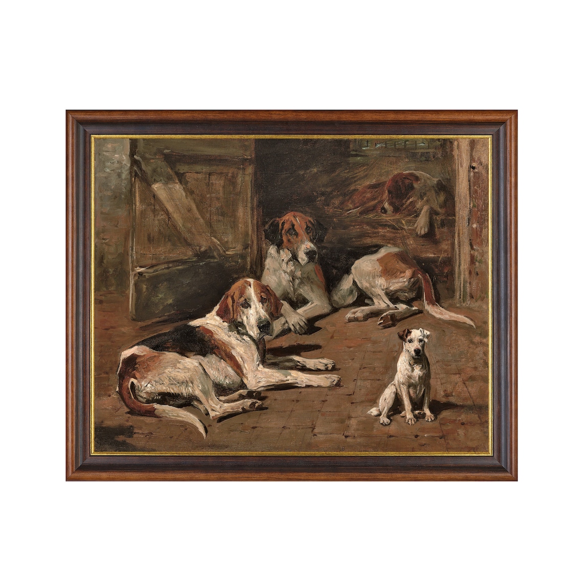 Resting Foxhounds and Terrier in Kennel Vintage Dog Painting Poster