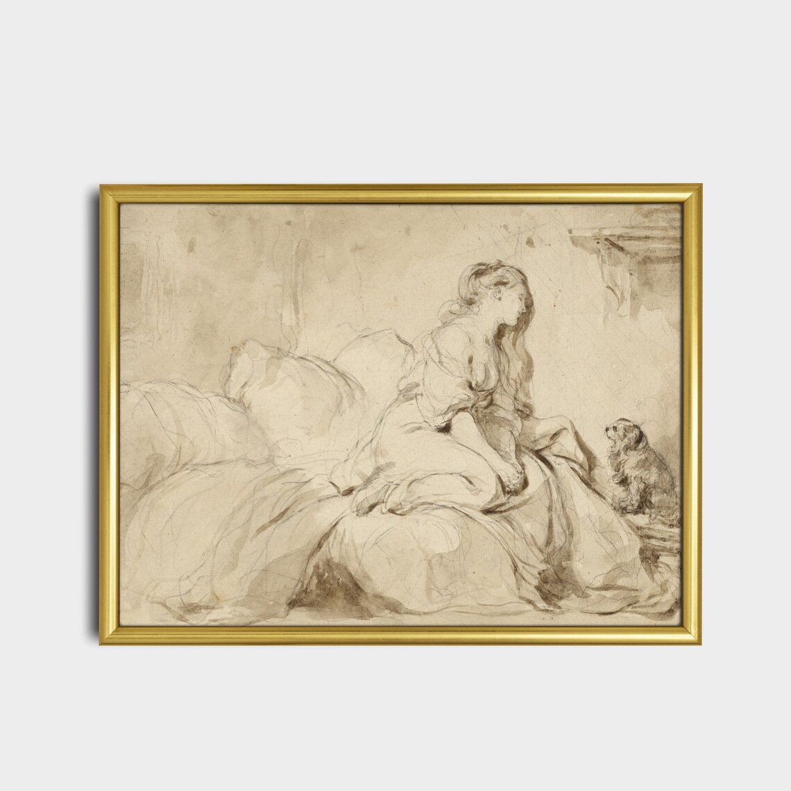 Seated Lady with Her Faithful Dog Vintage Sepia Sketch Poster - Image 5