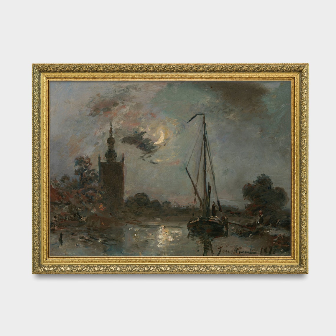 Vintage Sailing Ship Painting Antique Nautical Decor Moonlight Boat Print Wall Art Moody Rustic Art - Image 3